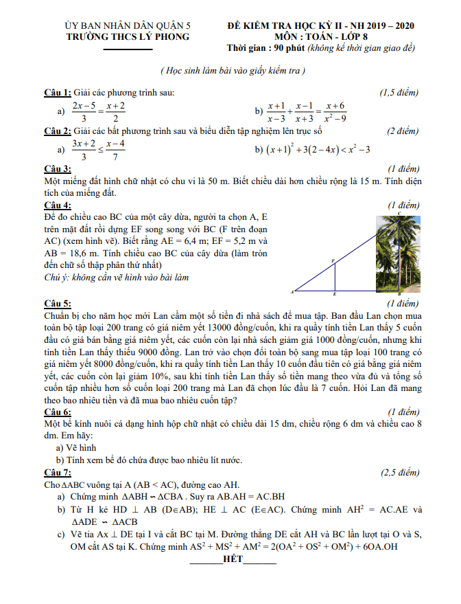 Đề thi học kì 2 Toán 8 năm 2019 – 2020 trường THCS Lý Phong – TP HCM