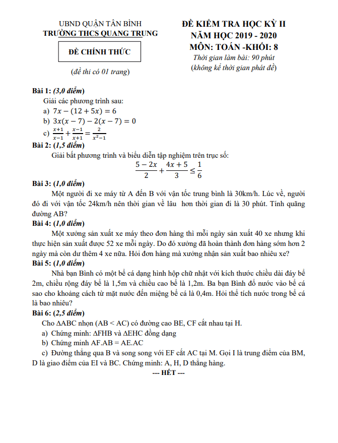 Đề thi học kì 2 Toán 8 năm 2019 – 2020 trường THCS Quang Trung – TP HCM