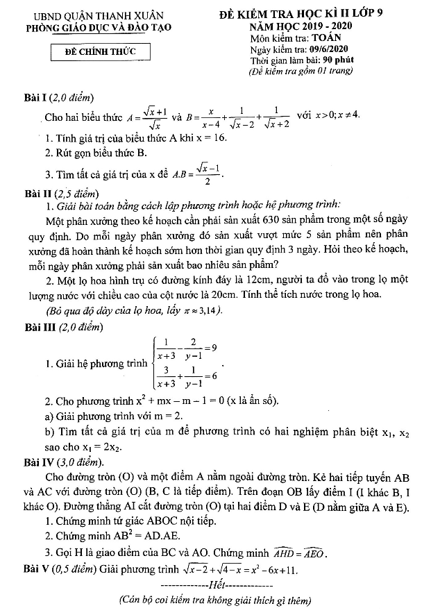 Đề thi học kì 2 Toán 9 năm 2019 – 2020 phòng GD&ĐT Thanh Xuân – Hà Nội
