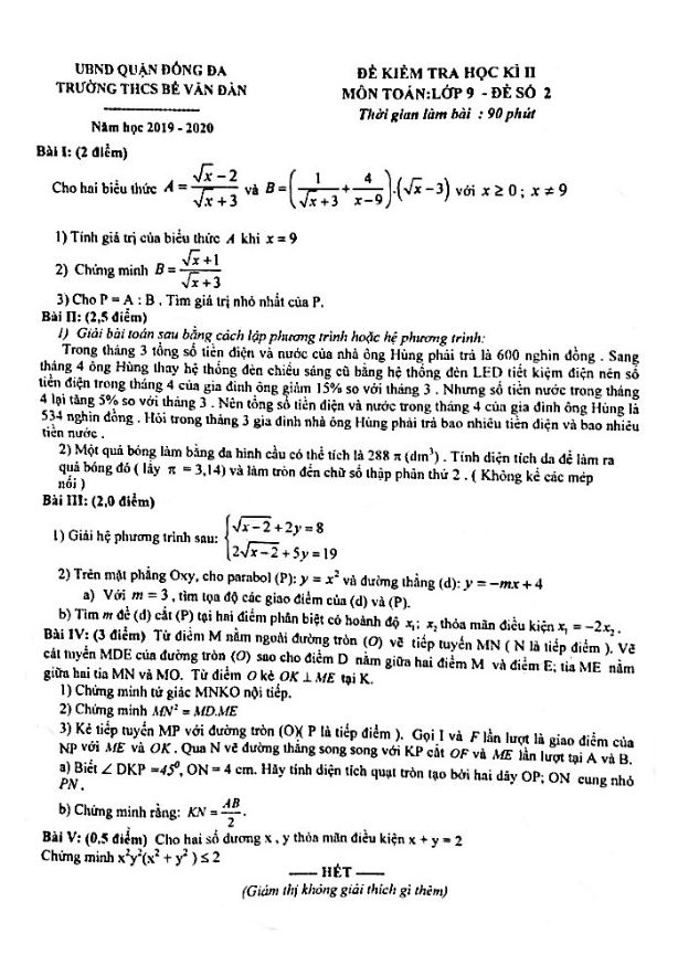 Đề thi học kì 2 Toán 9 năm 2019 – 2020 trường THCS Bế Văn Đàn – Hà Nội