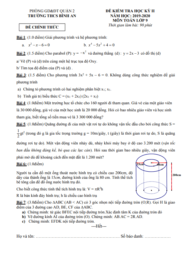 Đề thi học kì 2 Toán 9 năm 2019 – 2020 trường THCS Bình An – TP HCM