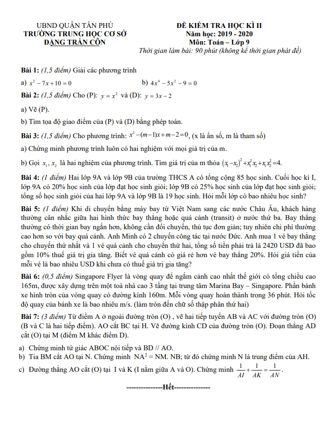Đề thi học kì 2 Toán 9 năm 2019 – 2020 trường THCS Đặng Trần Côn – TP HCM