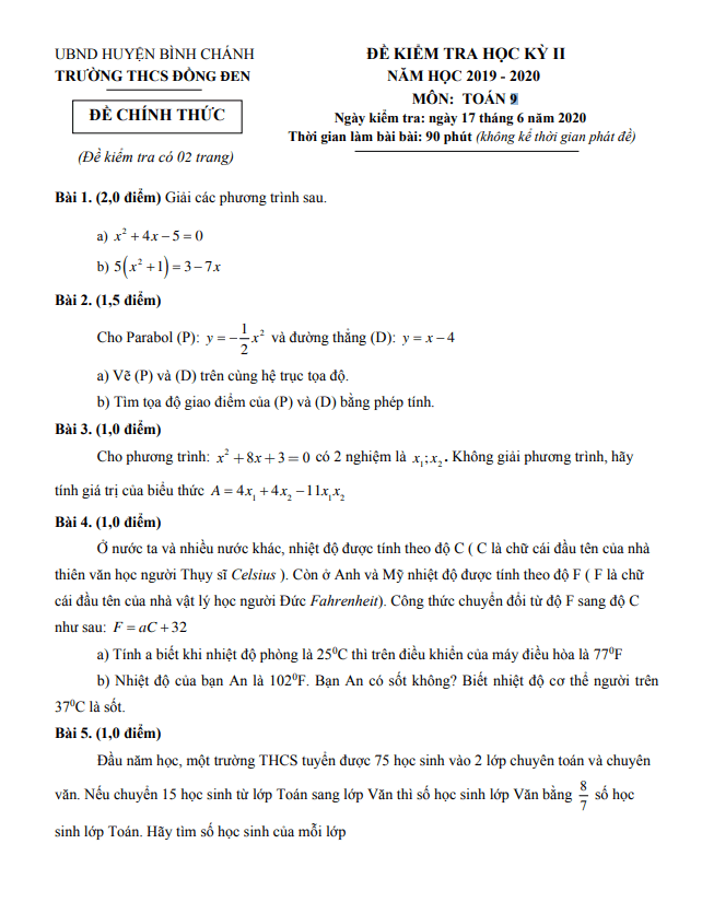 Đề thi học kì 2 Toán 9 năm 2019 – 2020 trường THCS Đồng Đen – TP HCM