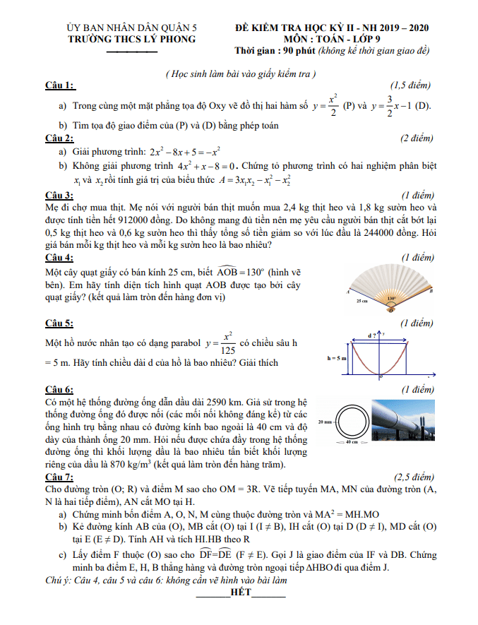 Đề thi học kì 2 Toán 9 năm 2019 – 2020 trường THCS Lý Phong – TP HCM