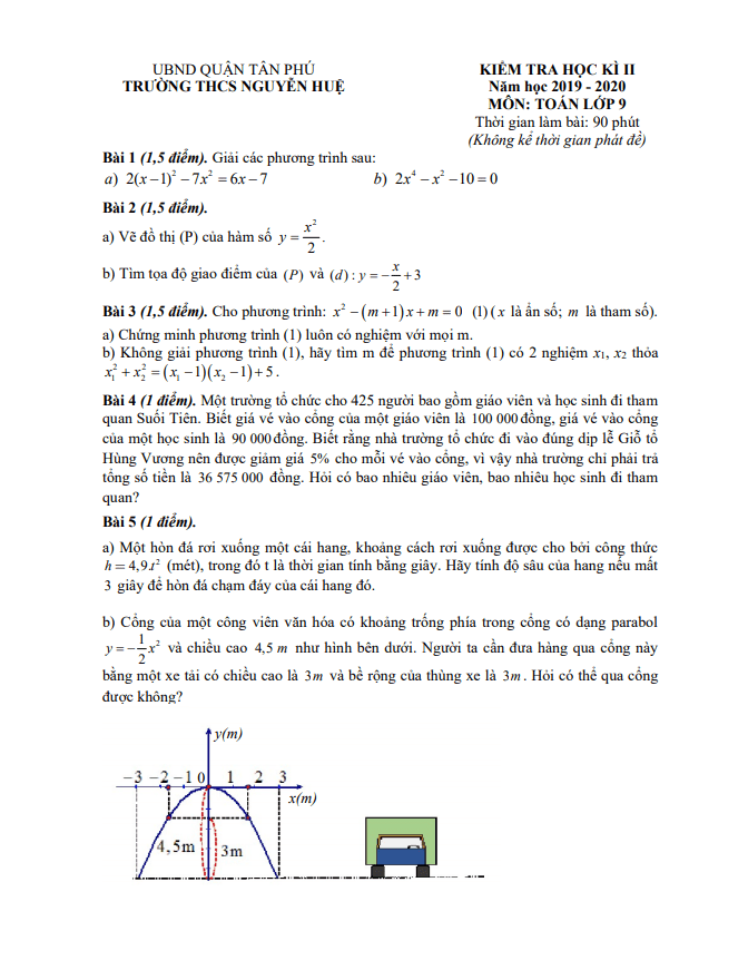 Đề thi học kì 2 Toán 9 năm 2019 – 2020 trường THCS Nguyễn Huệ – TP HCM