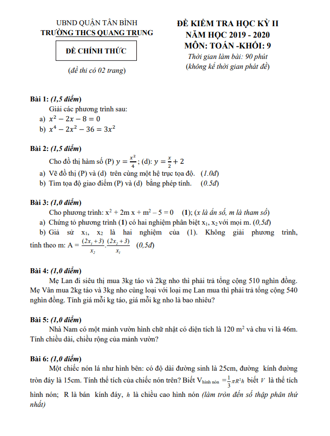 Đề thi học kì 2 Toán 9 năm 2019 – 2020 trường THCS Quang Trung – TP HCM