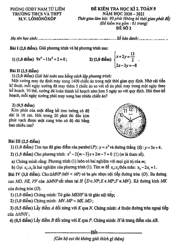 Đề thi học kì 2 Toán 9 năm 2020 – 2021 trường M.V. Lômônôxốp – Hà Nội