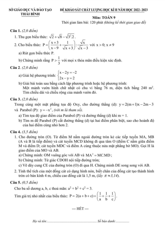 Đề thi học kì 2 Toán 9 năm 2022 – 2023 sở GD&ĐT Thái Bình