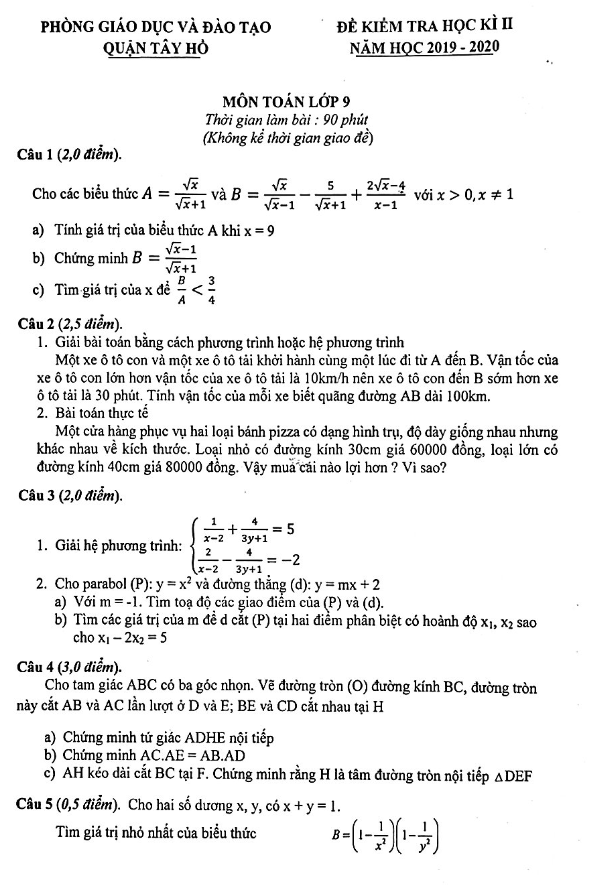 Đề thi học kì 2 Toán 9 năm học 2019 – 2020 phòng GD&ĐT Tây Hồ – Hà Nội
