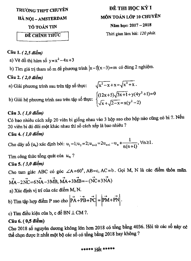 Đề thi học kỳ 1 Toán 10 chuyên năm học 2017 – 2018 trường THPT chuyên Hà Nội – Amsterdam