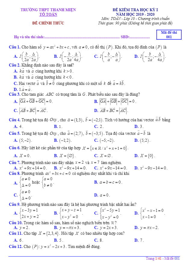Đề thi học kỳ 1 Toán 10 năm 2019 – 2020 trường Thanh Miện – Hải Dương