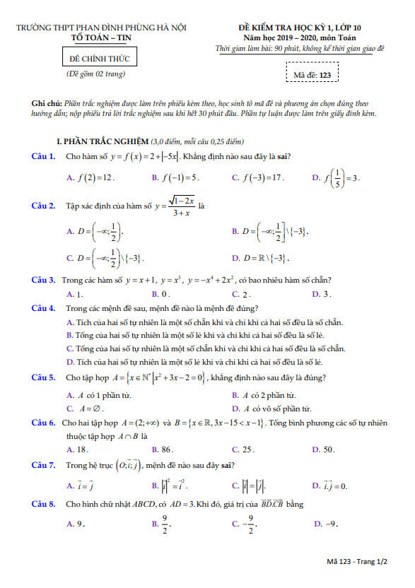 Đề thi học kỳ 1 Toán 10 năm 2019 – 2020 trường THPT Phan Đình Phùng – Hà Nội
