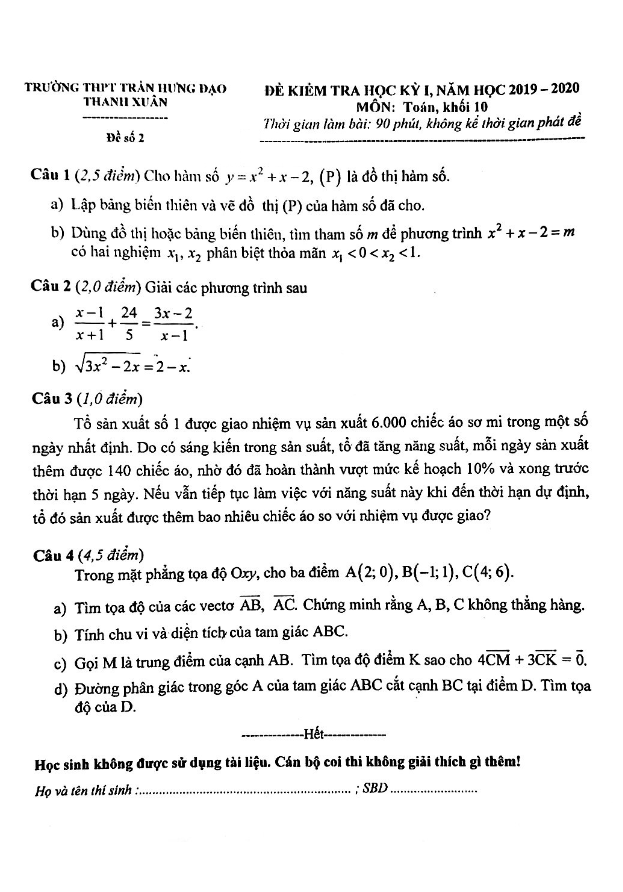 Đề thi học kỳ 1 Toán 10 năm 2019 – 2020 trường Trần Hưng Đạo – Hà Nội