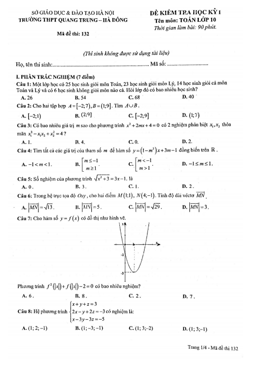 Đề thi học kỳ 1 Toán 10 năm 2020 – 2021 trường THPT Quang Trung – Hà Nội
