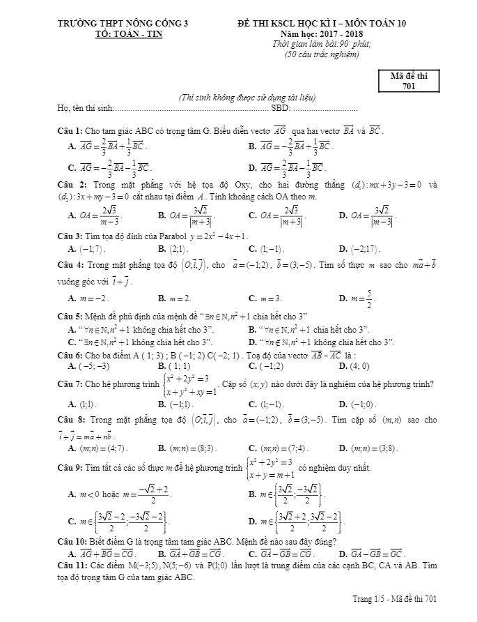 Đề thi học kỳ 1 Toán 10 năm học 2017 – 2018 trường THPT Nông Cống 3 – Thanh Hóa