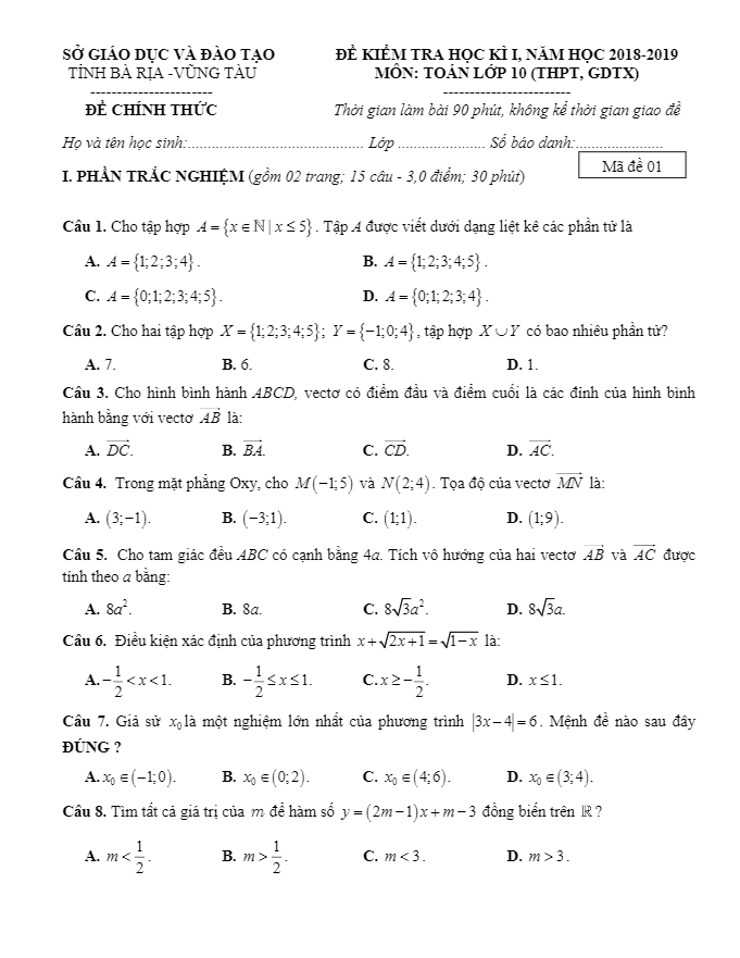 Đề thi học kỳ 1 Toán 10 năm học 2018 – 2019 sở GD và ĐT Bà Rịa – Vũng Tàu