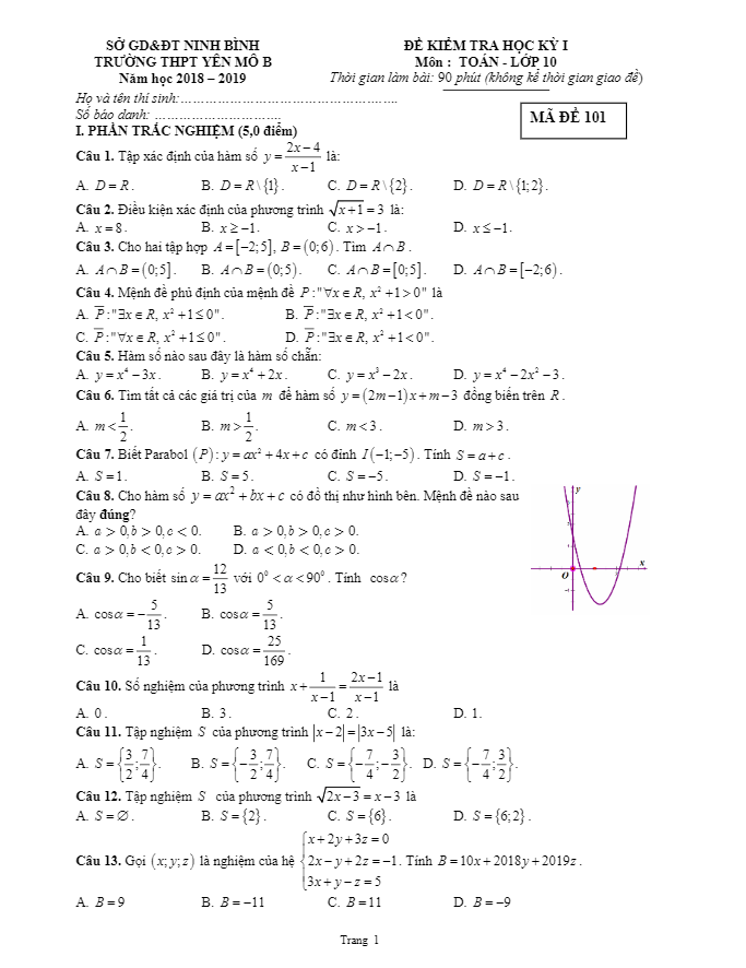 Đề thi học kỳ 1 Toán 10 năm học 2018 – 2019 trường Yên Mô B – Ninh Bình