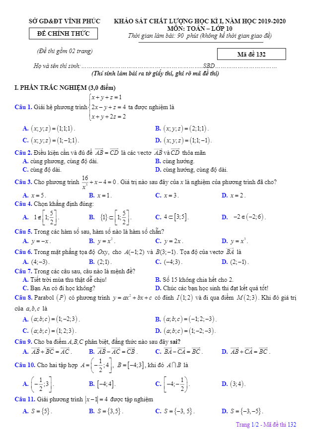 Đề thi học kỳ 1 Toán 10 năm học 2019 – 2020 sở GD&ĐT Vĩnh Phúc