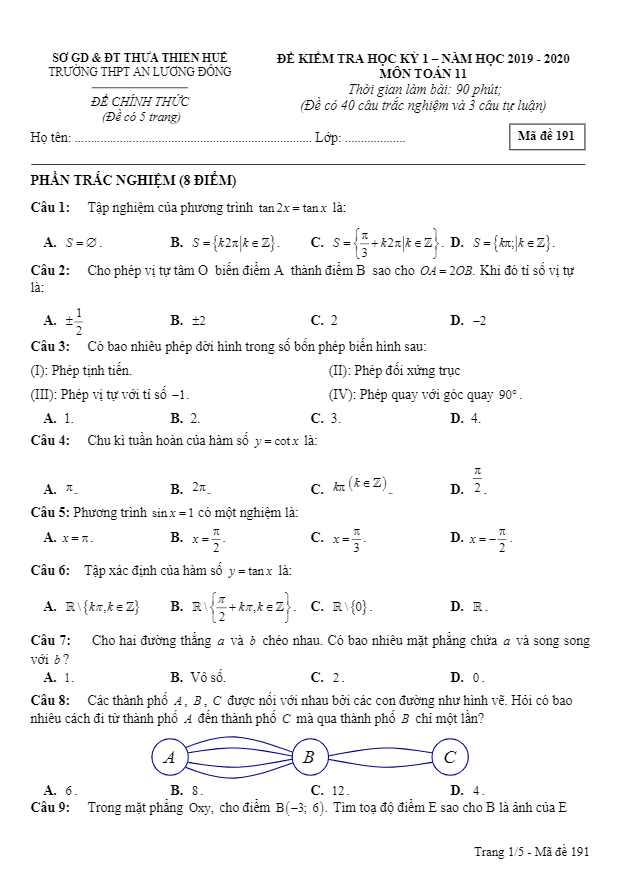 Đề thi học kỳ 1 Toán 11 năm 2019 – 2020 trường An Lương Đông – TT Huế
