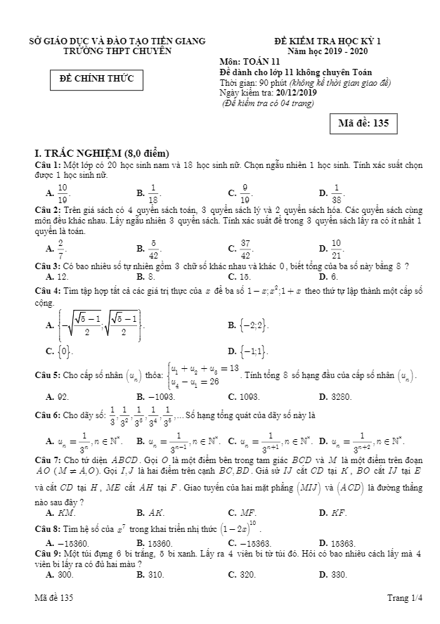 Đề thi học kỳ 1 Toán 11 năm 2019 – 2020 trường THPT chuyên Tiền Giang