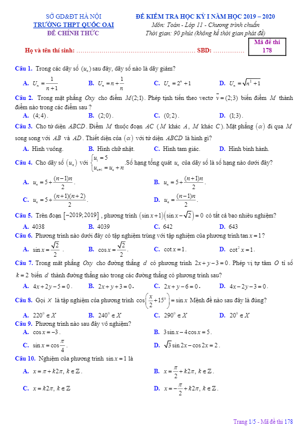 Đề thi học kỳ 1 Toán 11 năm 2019 – 2020 trường THPT Quốc Oai – Hà Nội