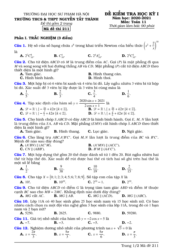 Đề thi học kỳ 1 Toán 11 năm 2020 – 2021 trường Nguyễn Tất Thành – Hà Nội