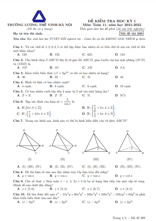 Đề thi học kỳ 1 Toán 11 năm 2021 – 2022 trường Lương Thế Vinh – Hà Nội