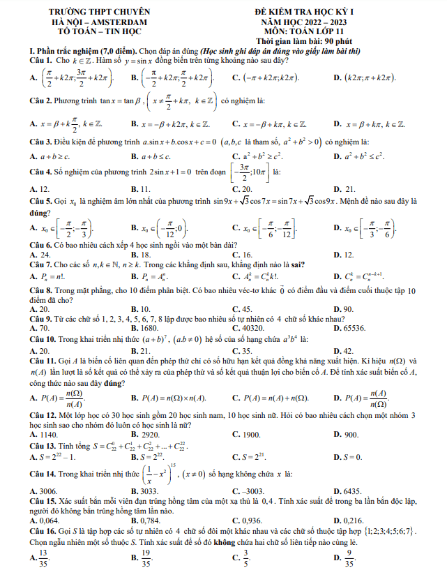Đề thi học kỳ 1 Toán 11 năm 2022 – 2023 trường THPT chuyên Hà Nội – Amsterdam