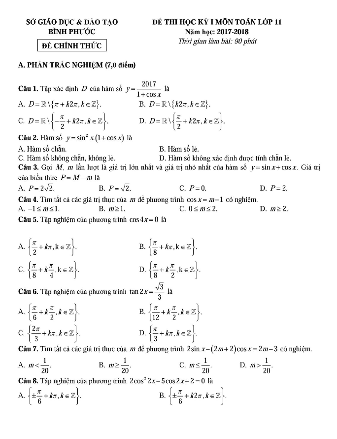 Đề thi học kỳ 1 Toán 11 năm học 2017 – 2018 sở GD và ĐT Bình Phước