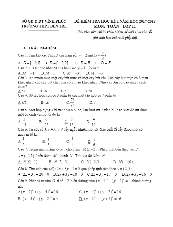 Đề thi học kỳ 1 Toán 11 năm học 2017 – 2018 trường THPT Bến Tre – Vĩnh Phúc