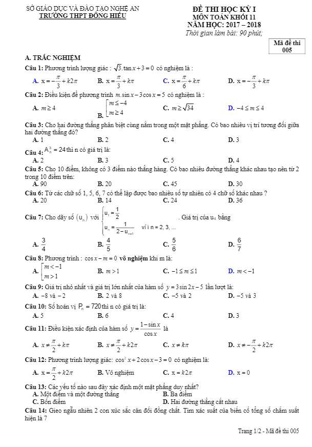 Đề thi học kỳ 1 Toán 11 năm học 2017 – 2018 trường THPT Đông Hiếu – Nghệ An