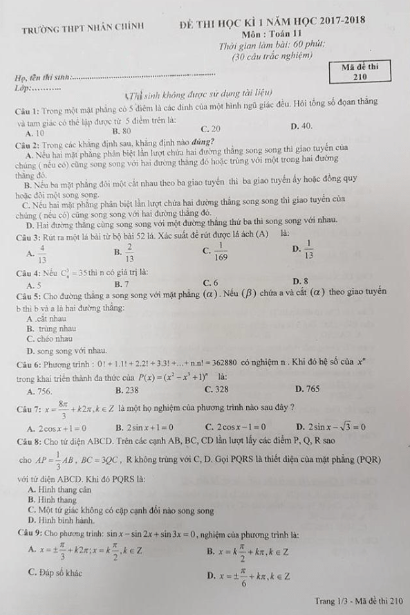 Đề thi học kỳ 1 Toán 11 năm học 2017 – 2018 trường THPT Nhân Chính – Hà Nội