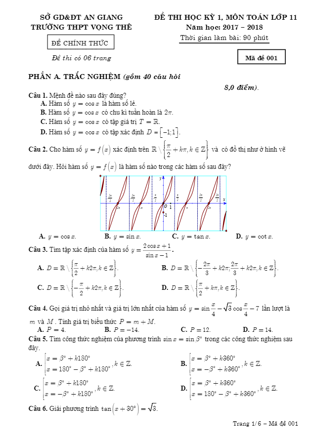 Đề thi học kỳ 1 Toán 11 năm học 2017 – 2018 trường THPT Vọng Thê – An Giang