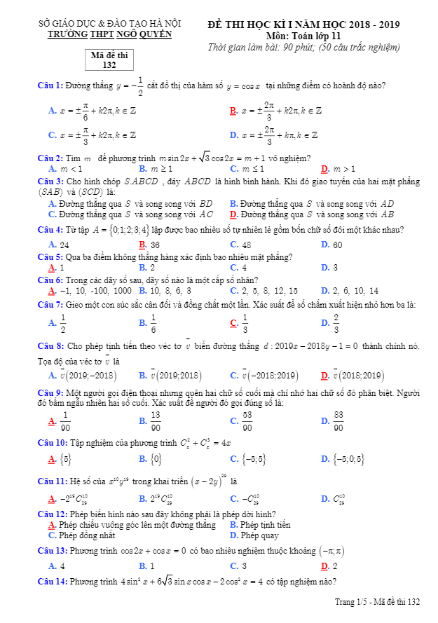 Đề thi học kỳ 1 Toán 11 năm học 2018 – 2019 trường THPT Ngô Quyền – Hà Nội