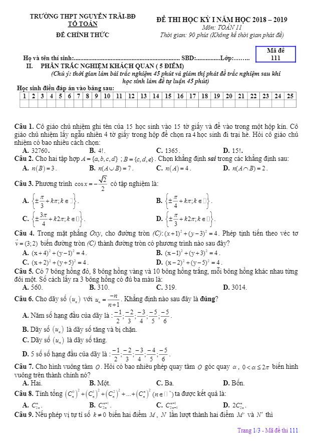 Đề thi học kỳ 1 Toán 11 năm học 2018 – 2019 trường THPT Nguyễn Trãi – Hà Nội