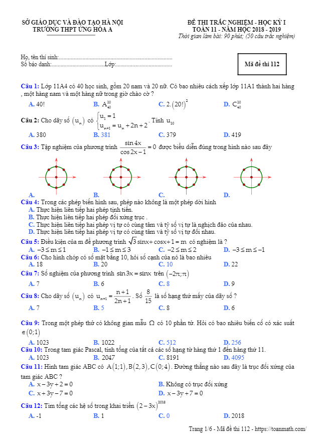 Đề thi học kỳ 1 Toán 11 năm học 2018 – 2019 trường THPT Ứng Hòa A – Hà Nội