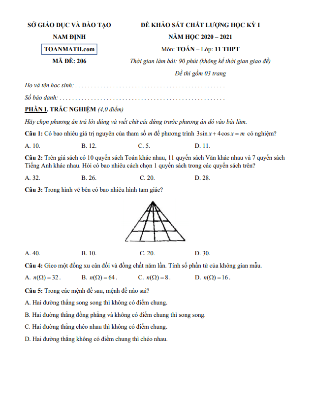 Đề thi học kỳ 1 Toán 11 năm học 2020 – 2021 sở GD&ĐT Nam Định