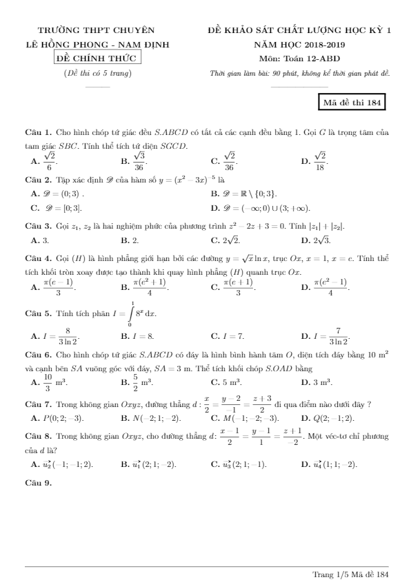 Đề thi học kỳ 1 Toán 12 năm 2018 – 2019 trường chuyên Lê Hồng Phong – Nam Định