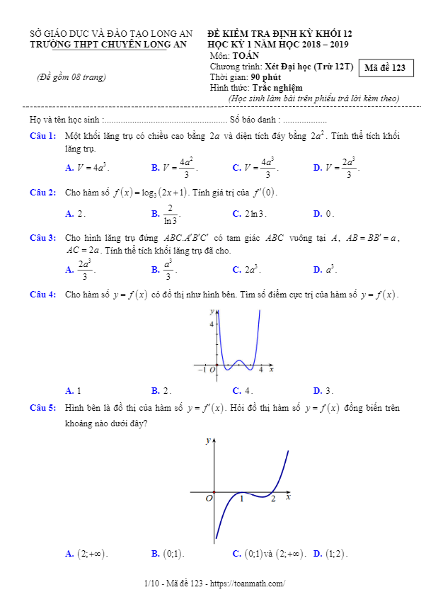 Đề thi học kỳ 1 Toán 12 năm 2018 – 2019 trường THPT chuyên Long An