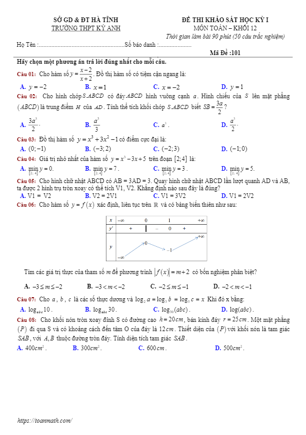 Đề thi học kỳ 1 Toán 12 năm 2018 – 2019 trường THPT Kỳ Anh – Hà Tĩnh