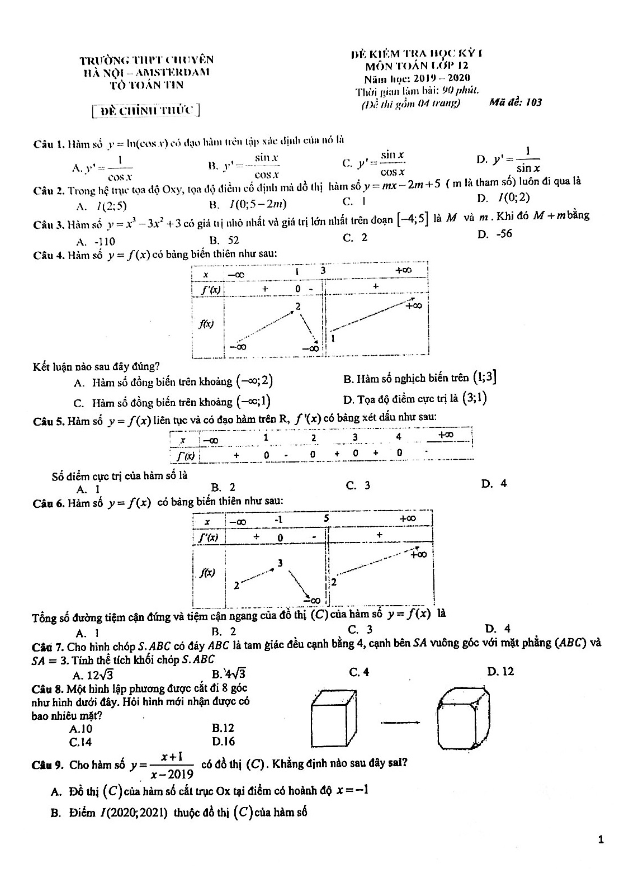 Đề thi học kỳ 1 Toán 12 năm 2019 – 2020 trường chuyên Hà Nội – Amsterdam