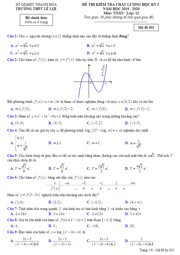 Đề thi học kỳ 1 Toán 12 năm 2019 – 2020 trường THPT Lê Lợi – Thanh Hóa