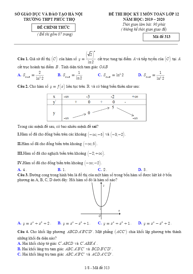 Đề thi học kỳ 1 Toán 12 năm 2019 – 2020 trường THPT Phúc Thọ – Hà Nội