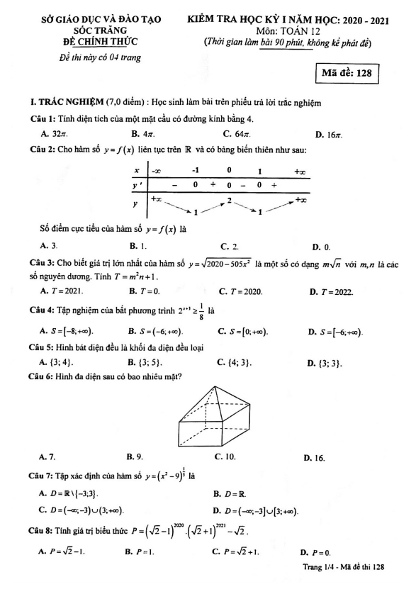 Đề thi học kỳ 1 Toán 12 năm 2020 – 2021 sở GD&ĐT Sóc Trăng