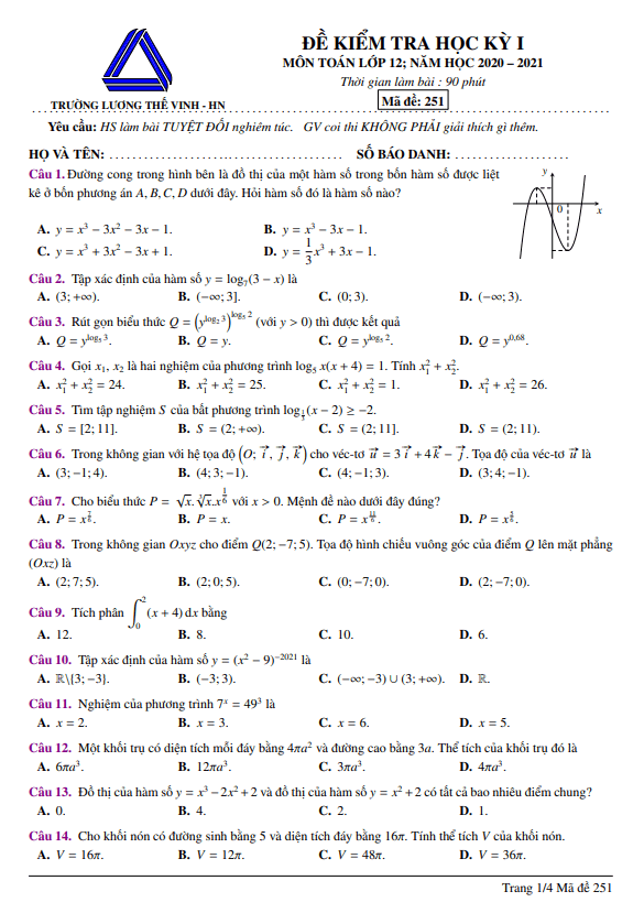Đề thi học kỳ 1 Toán 12 năm 2020 – 2021 trường Lương Thế Vinh – Hà Nội