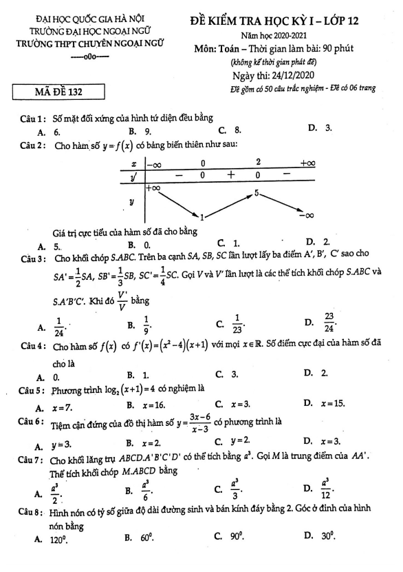 Đề thi học kỳ 1 Toán 12 năm 2020 – 2021 trường THPT chuyên Ngoại Ngữ – Hà Nội