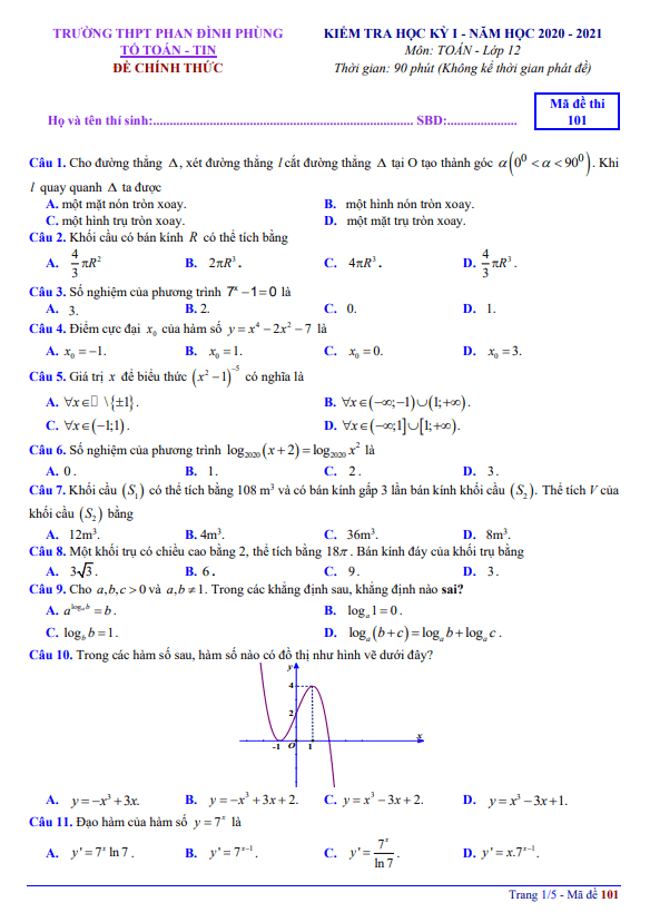 Đề thi học kỳ 1 Toán 12 năm 2020 – 2021 trường THPT Phan Đình Phùng – Hà Nội