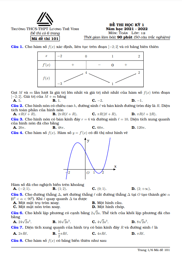 Đề thi học kỳ 1 Toán 12 năm 2021 – 2022 trường Lương Thế Vinh – Hà Nội