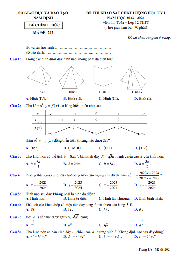 Đề thi học kỳ 1 Toán 12 năm 2023 – 2024 sở GD&ĐT Nam Định