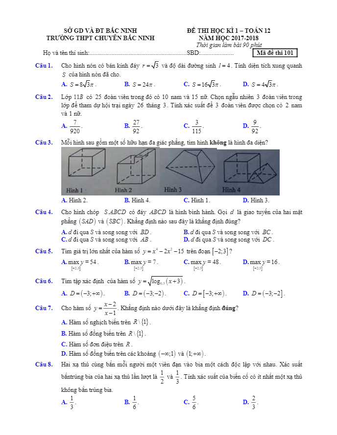 Đề thi học kỳ 1 Toán 12 năm học 2017- 2018 trường THPT chuyên Bắc Ninh